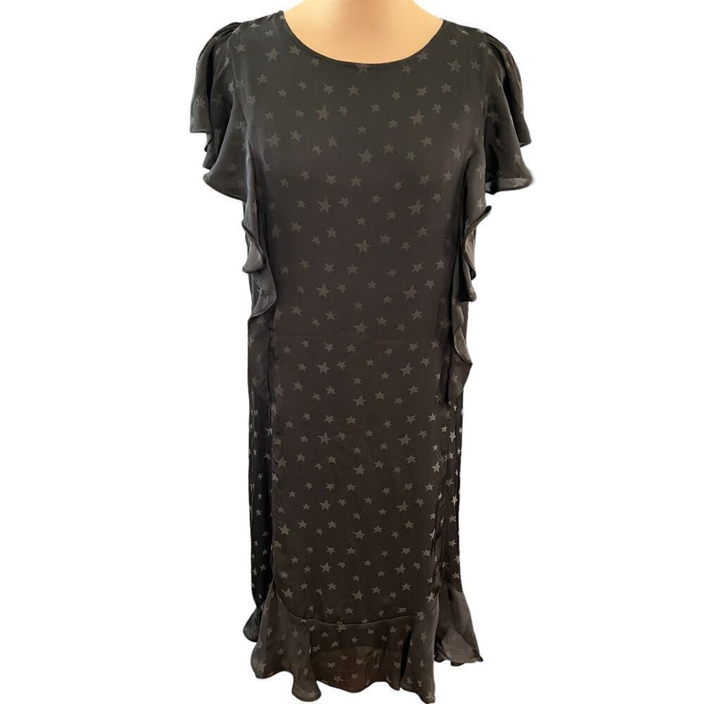 Max Studio SZ S Black Star Print Flutter Sleeve Midi Dress Ruffle Wedding Guest